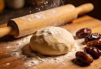 Ramadan: Dough Being Dusted with Flour near Dates and Rolling Pin baking