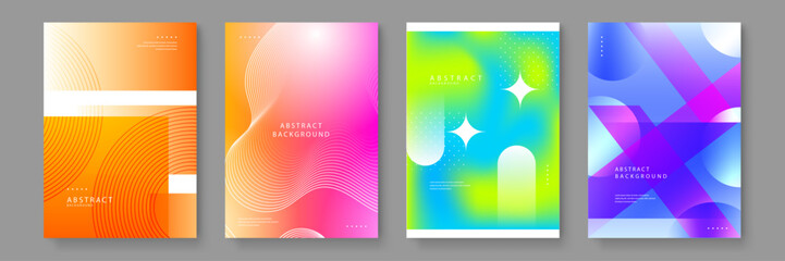 Abstract poster series with orange linear patterns and blue-purple diagonal prisms combined with yellow-green glow effects