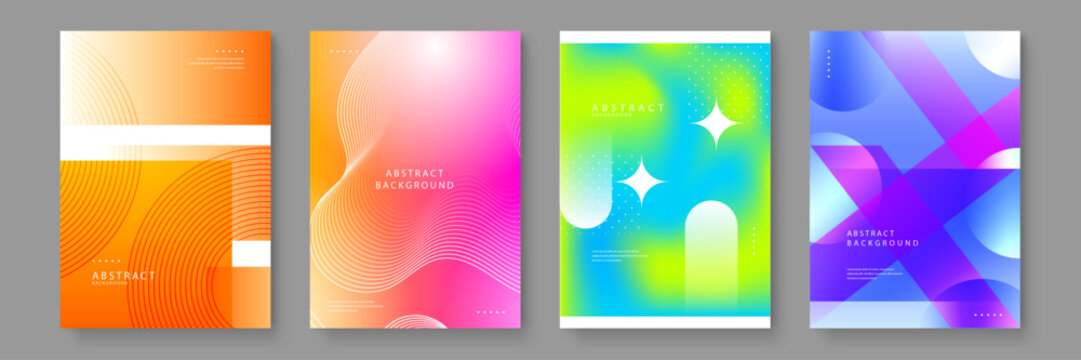 Abstract poster series with orange linear patterns and blue-purple diagonal prisms combined with yellow-green glow effects