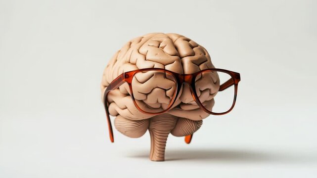 A realistic model of a brain wearing eyeglasses, representing intelligence and knowledge