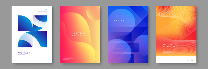 A collection of abstract backgrounds utilizing wave patterns, geometric blocks, and soft circular gradients in blue and warm sunset colors