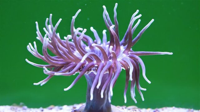 Close-up of a vibrant purple and white coral with long tentacles against a green background in an underwater setting.
