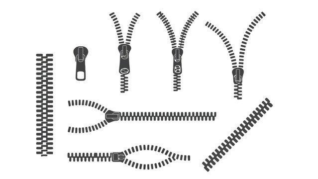A set of various zipper illustrations in black and white