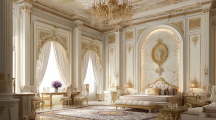 Obraz premium Luxurious Elegant Bedroom with Golden Accents and Decorative Features in Classic Style