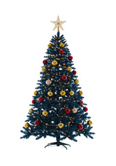 Obraz premium majestic, perfectly symmetrical, midnight blue flocked christmas tree adorned with polished gold, silver, and cranberry ornaments, warm led lights, on a transparent cyclorama background with copy