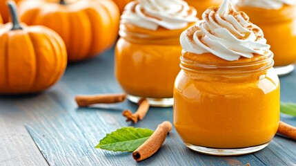 Cozy Autumn Pumpkin Spice Whipped Cream Desserts on Rustic Wooden Table