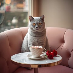 British Shorthair Cat with Roses and Heart Marshmallows for Valentine&rsquo;s Day in Cozy Caf&eacute;