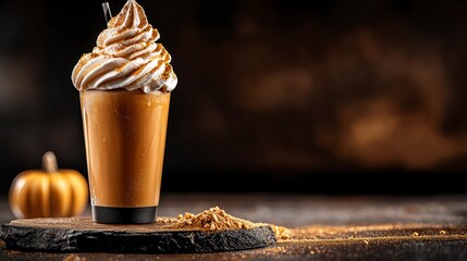 Delicious Pumpkin Spice Latte with Whipped Cream and Autumn Decor on Dark Background