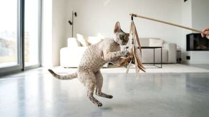 Funny cat playing with feather toy at home. Playful pet jumping and catching for active and happy animal life. Domestic animal.