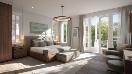 Fototapeta premium Modern Bright Bedroom with Large Windows and Stylish Decor for Relaxation and Comfort