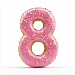 Number 8 shaped from pink strawberry cream donut texture snack for kids, isolated white