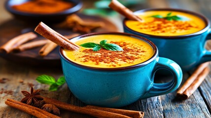 Golden Turmeric Milk Latte with Cinnamon and Spices on Rustic Wood