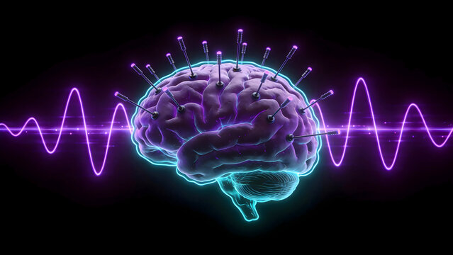 Futuristic Human Brain Analysis with Glowing Neural Interface and Digital Brainwaves Concept background