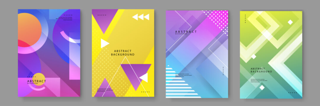 A set of four abstract background posters featuring geometric shapes like circles and triangles with vibrant purple blue and yellow gradients