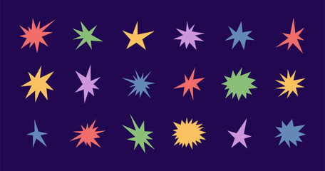 Irregular star shape icons set. Abstract starburst symbol. Comic color burst sticker. Graphic design collage element. Spiky cartoon figure. Vector illustration isolated on dark background.