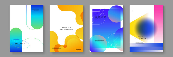 Sleek abstract backgrounds with cyan-to-blue gradient vertical arches, fluid yellow shapes, and blurred blue spheres overlapping yellow geometric fields