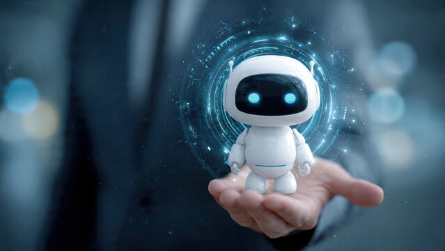 A person holding a small robot with a smiling face, representing technology and innovation in a professional setting