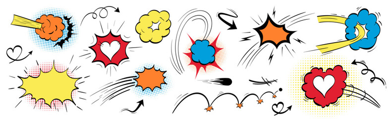 Superhero explosive colorful effect vector bundle. Features comic speed lines, love heart, burst smoke, impact frame. Pop animation kit with doodle cartoon elements, arrow and speech bubble. © A_Y_N