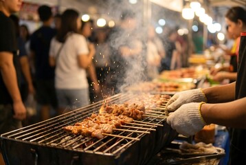Man cooking meat skewers on a charcoal grill at a bustling night market. Street food vendor preparing grilled chicken for snack. Outdoor barbecue concept.