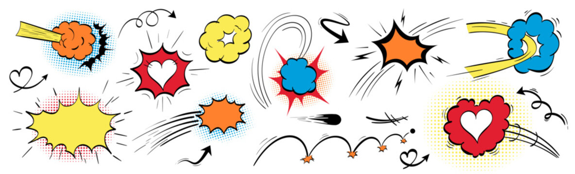 Superhero explosive colorful effect vector bundle. Features comic speed lines, love heart, burst smoke, impact frame. Pop animation kit with doodle cartoon elements, arrow and speech bubble.