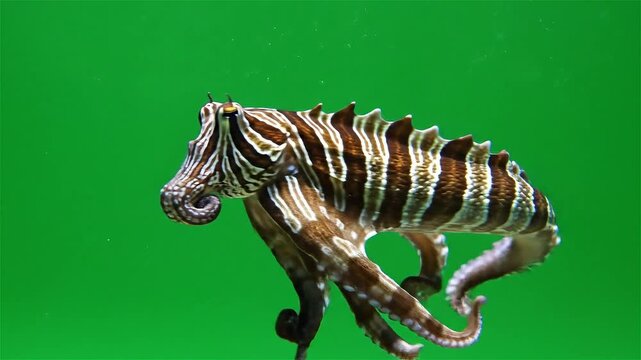 A striking striped octopus with unique patterns swimming gracefully against a vibrant green background.