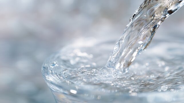 Close-up of a glass of water being poured into it. the water is flowing from the top right corner of the image, creating a stream of water that is cascading down the sides of the glass.