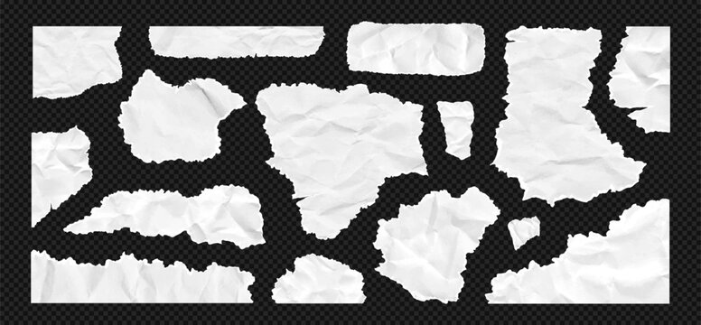 Torn newspaper texture kit features ripped white page edge, crumpled wrinkle effect. Vector bundle includes cut paper effect for collage or memo. Ripped paper teture kit on like transparent png bg