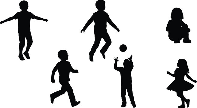 Silhouette, children, play, jump, run, crouch, movement, posture, gesture, icon, black, white, activity, fun, energy, dynamic, sport, outdoor, figure, pose, action