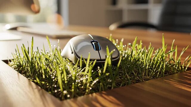 Creative computer mouse resting in a patch of fresh green grass on a wooden desk.