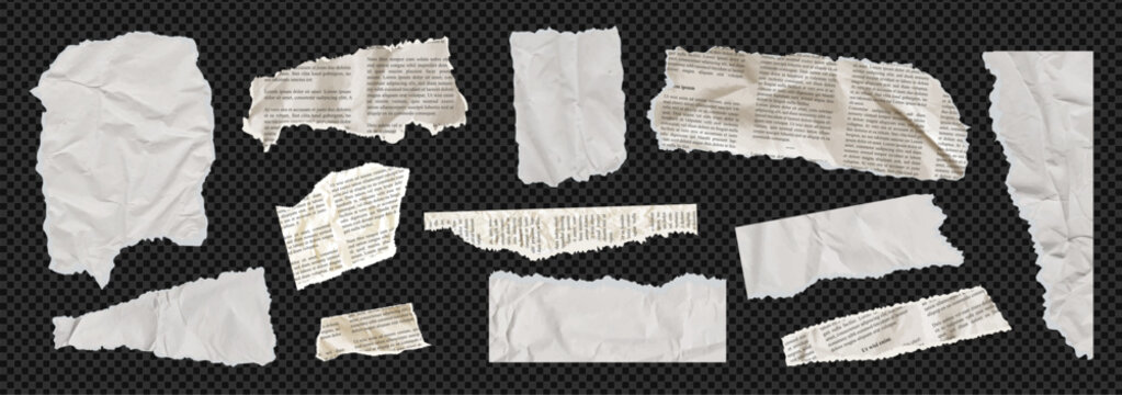 Torn newspaper vector bundle features white, texture. Kit of cut pieces, note scraps, tear strip shapes overlay teture for collage. Blank sheet piece bundle on like transparent png bg