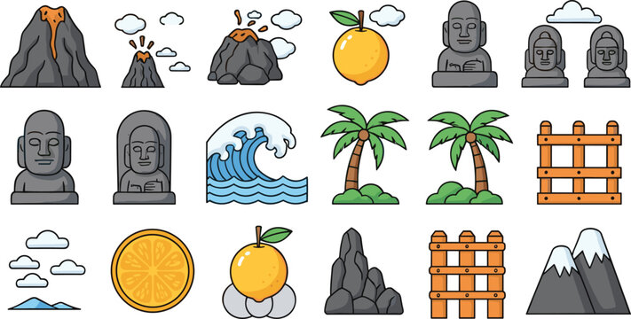 Jeju Island Travel Icon Set with Volcanoes, Dol Hareubang Statues, Tangerines, Ocean Waves, Palm Trees, and Traditional Cultural Landmark Symbols