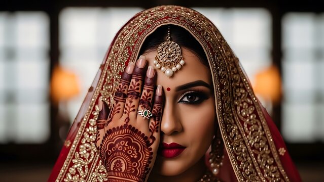 Indian bride in traditional wedding attire with intricate veil and jewelry