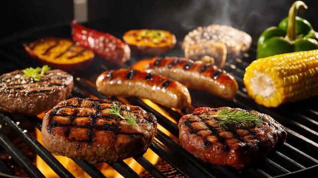 Barbecue grill with burgers and vegetables, summer grilling, outdoor cooking, and a casual backyard food experience.
