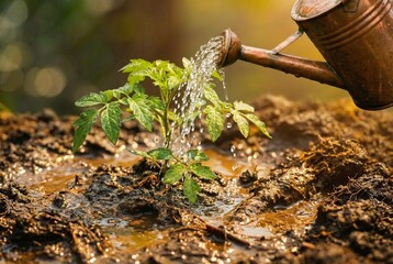 Obraz premium A close-up shot capturing the delicate process of watering a vibrant green plant with a vintage metal can, symbolizing growth, nurturing, and new beginnings in rich, moist soil under natural sunlight