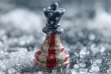 a chess piece with the colors of the united states flag standing on frozen ground