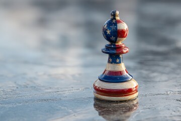 a chess piece with the colors of the united states flag standing on frozen ground