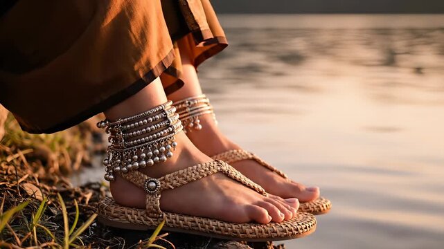 Womans feet wearing sandals and anklets by the water.