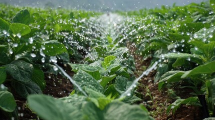Lush Green Crop Field with Irrigation System Spraying Water on Fresh Vegetables in Bright Sunlight