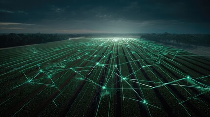 Futuristic Technology Over Agricultural Field with Digital Connections and Green Light Patterns at Twilight
