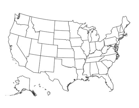 Outline map of the United States with state borders, rendered in simple black lines