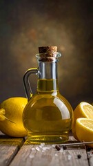 Olive oil carafe sits with lemon halves and spices on a weathered wooden surface