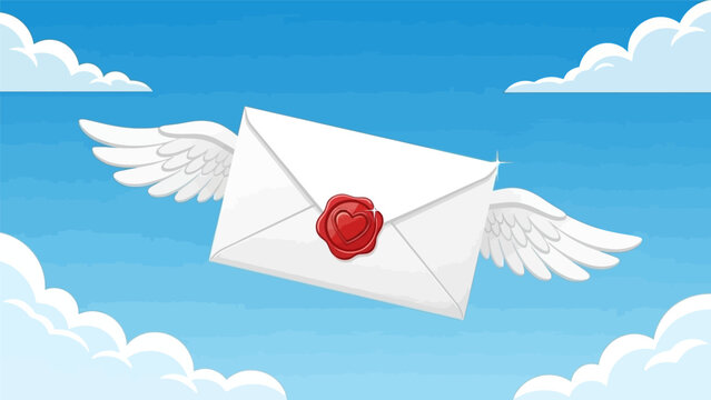 White envelope with red seal and wings against blue sky.