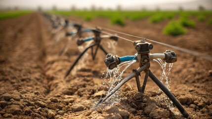 Irrigation System Watering Crops in Agricultural Field with Sprinklers on Soil Rows
