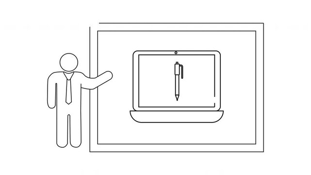 Presentation of Digital Pen on Laptop Screen Line Art.