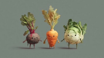 Three cute, smiling vegetables with faces and limbs: beet, carrot, and cabbage, creatively presented against a plain backdrop.