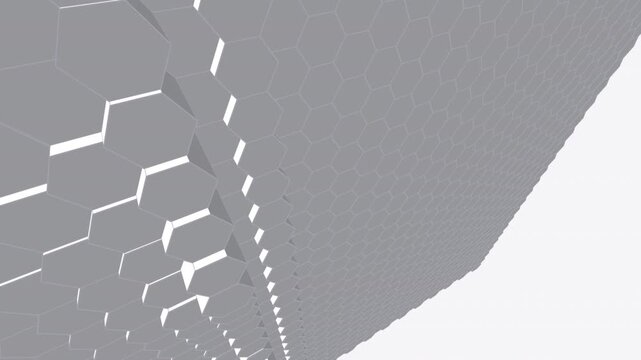Seamless loop of a hexagonal grid undergoing a procedural optimization scan. A digital wave flattens chaotic 3D prisms into a uniform surface, representing data defragmentation, system cleaning.