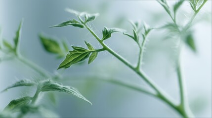 Fototapeta premium Close-up of a plant stem with green leaves. the leaves are elongated and pointed, with a few small veins running through them. the stem is thin and green, and the leaves are a vibrant green color.