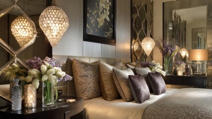 Elegant and Cozy Bedroom Interior with Soft Lighting and Beautiful Floral Accents