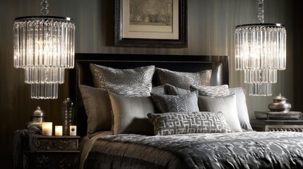 Elegant Bedroom Interior with Crystal Chandeliers and Rich Textiles in a Modern Setting