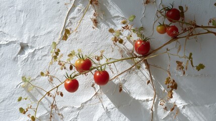 Bunch of red tomatoes hanging from a thin branch against a white wall. the tomatoes are round and plump, with a glossy texture and appear to be ripe and ready to be picked.